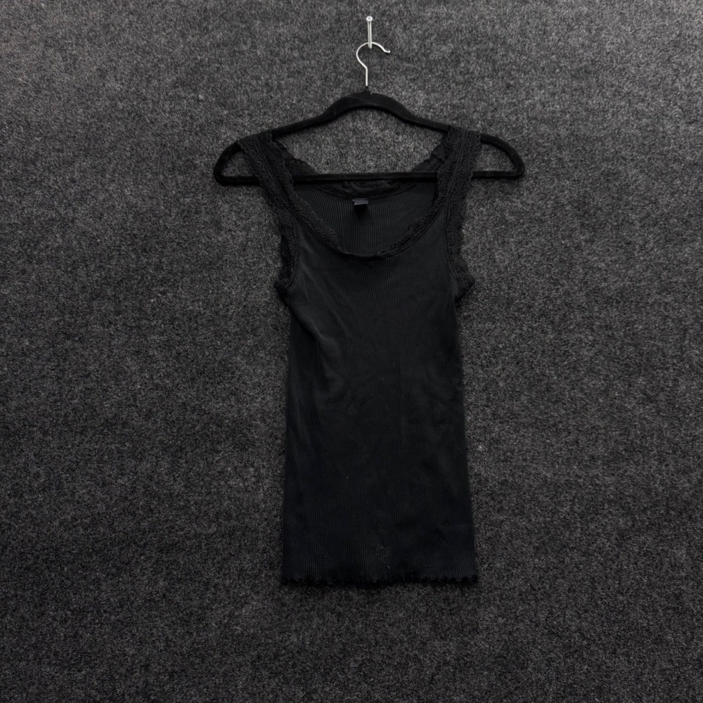 Black Ribbed Lace Trim Tank Top Camisole Lettuce Edge Hem Medium